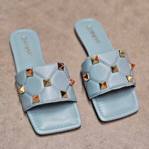 Quilted Sky Blue Slide Sandals With Gold Studs Square Toe Casual Flat Design For